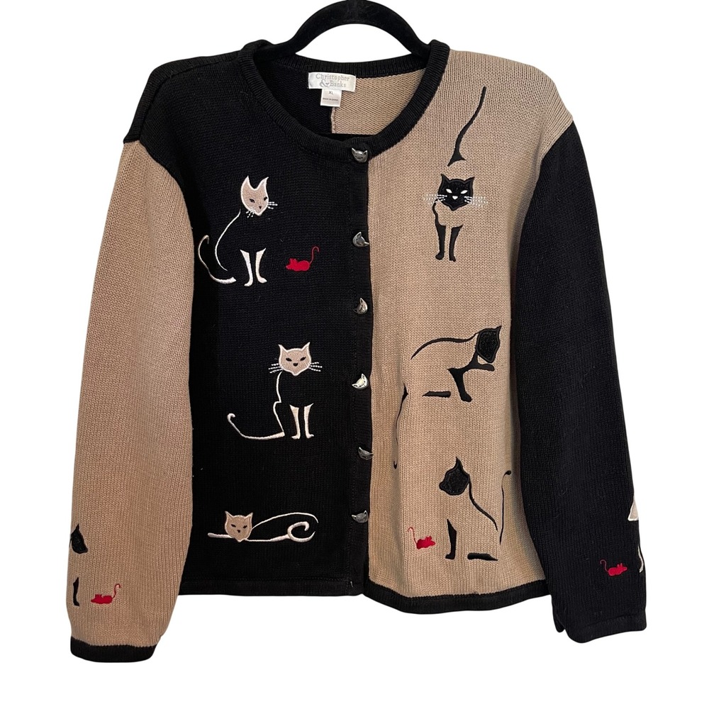 Christopher & Banks Cat Embroidered Colorblock Cardigan XL Black Tan Vintage 03